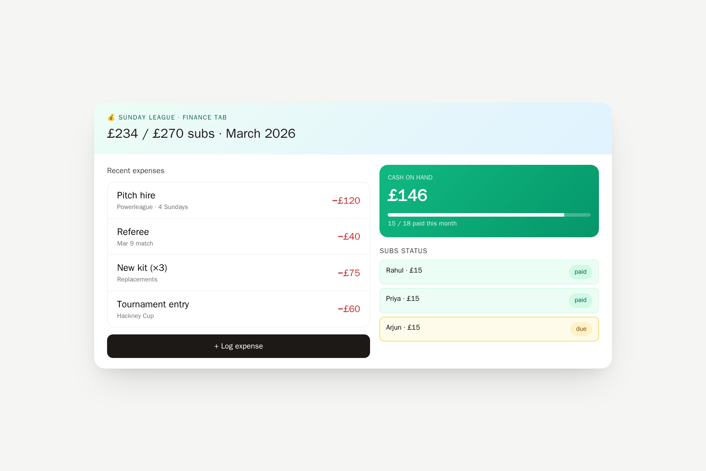 Step 4 — Track money (subs, kit, venue fees)